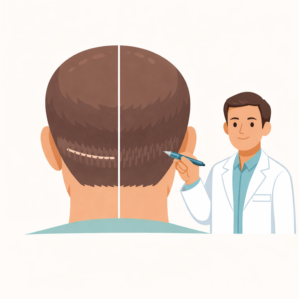 Illustration of a doctor examining a linear scar on the back of a patient's head