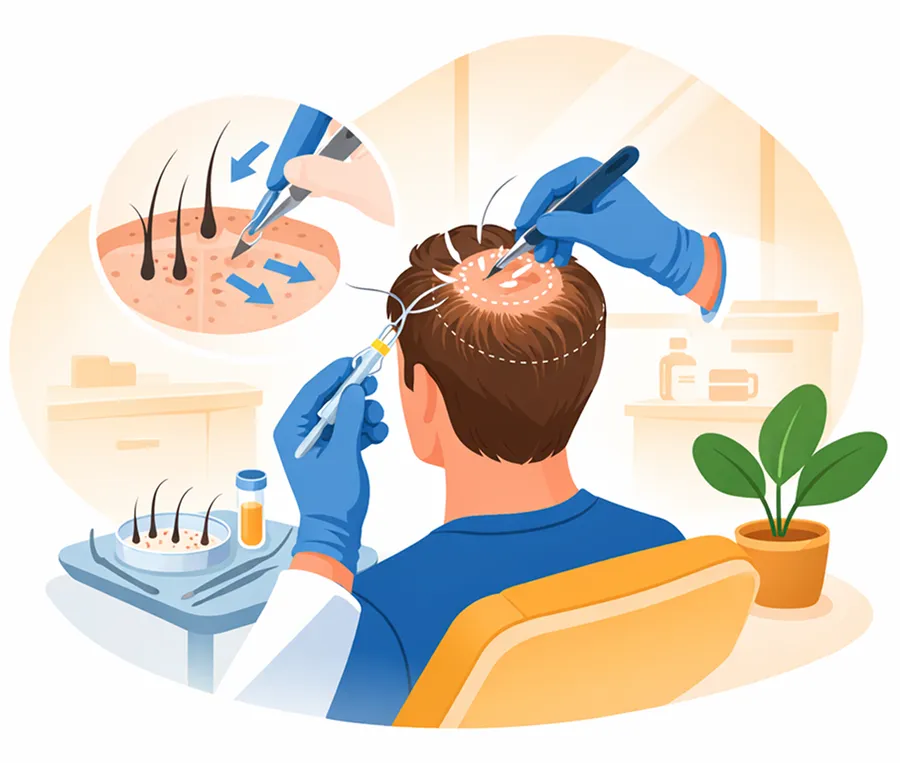 Illustration of a doctor performing a crown hair transplant procedure
