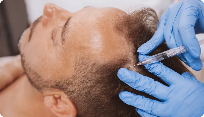 Provider administering a non-surgical hair restoration injection into a patient's scalp